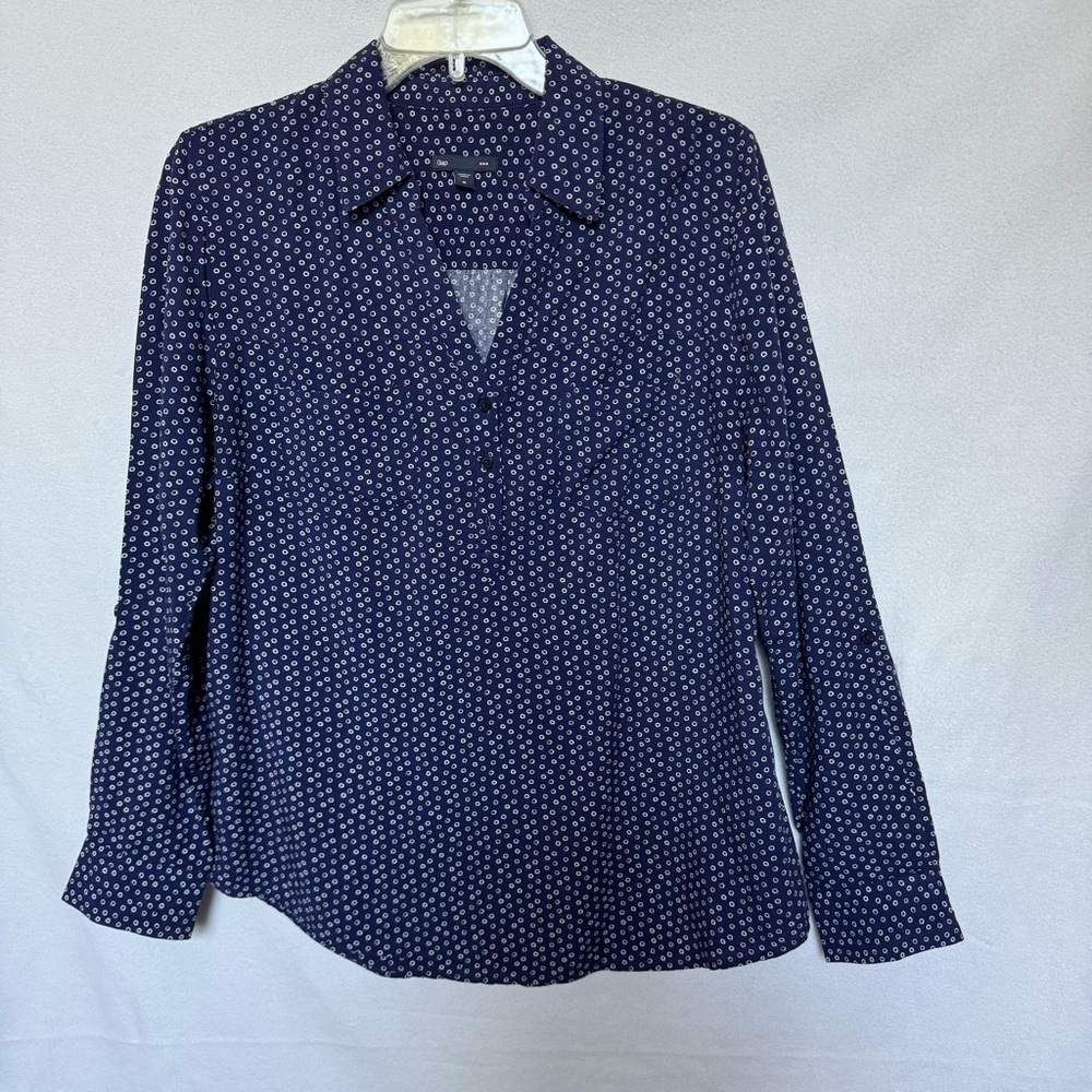 Gap Womens Blouse Shirt Medium Blue Polka Dot Henley Long Sleeve Roll Tab Preppy